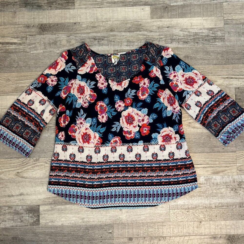Fig & Flower Blue Floral 3/4 Sleeve Blouse Women's Size 1X O18